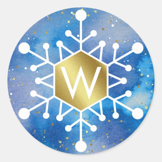 Blauw Goud Waterverf Sneeuwvlok Monogram Ronde Sticker (Voorkant)