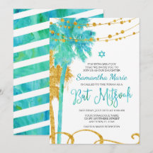 Blauw Goud Waterverf Strand Bat Mitzvah Uitnodigin