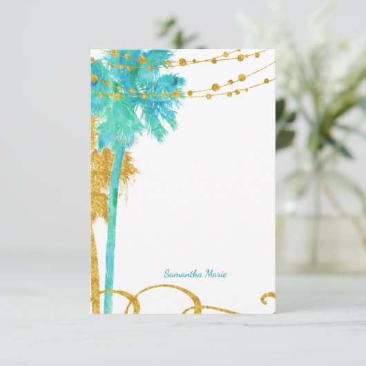 Blauw Goud Waterverf Strand Bedankkaart (Staand voorkant)