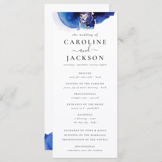 Blauw Goud Waterverf Trouwprogramma Menu (Voorkant / Achterkant)