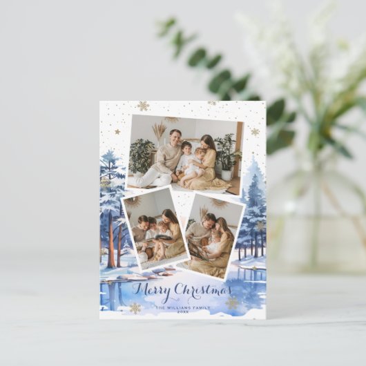 Blauw Goud Winterlandschap Kerstfoto Briefkaarten (Staand voorkant)