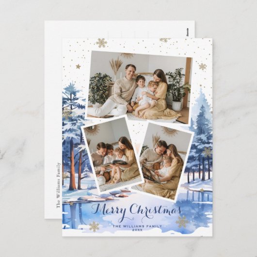 Blauw Goud Winterlandschap Kerstfoto Briefkaarten (Voorkant / Achterkant)