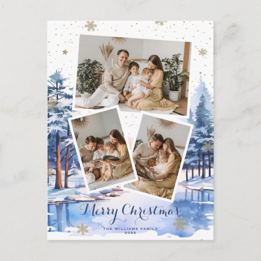 Blauw Goud Winterlandschap Kerstfoto Briefkaarten (Voorkant)
