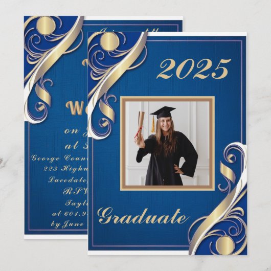 Blauw Goud Wit Afstuderen 2025 Kaart (Voorkant / Achterkant)