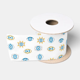 Blauw, Goud & Wit Grieks Oog Mati Patroon Satijnen Lint