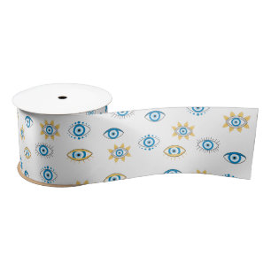 Blauw, Goud & Wit Grieks Oog Mati Patroon Satijnen Lint