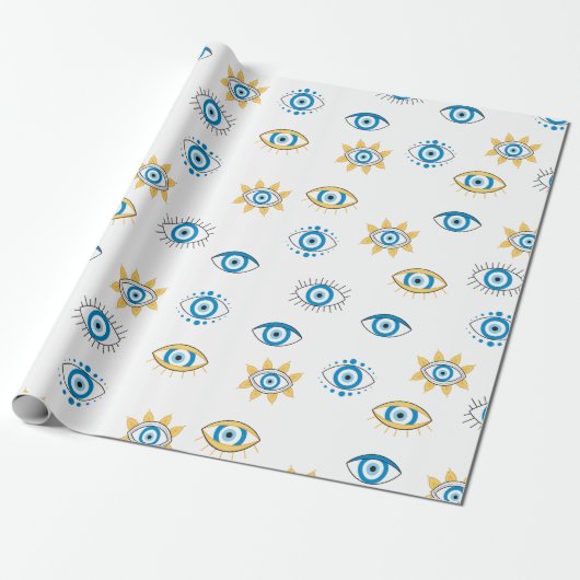 Blauw, Goud & Wit Grieks Oogmati Patroon Cadeaupapier (Uitgerold)