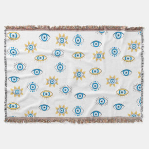 Blauw, Goud & Wit Grieks Oogmati Patroon Deken