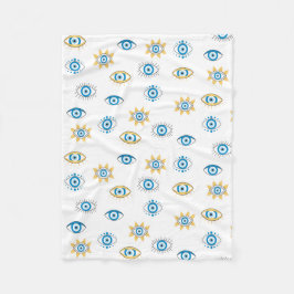 Blauw, Goud & Wit Grieks Oogmati Patroon Fleece Deken