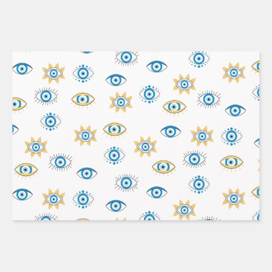 Blauw, Goud & Wit Grieks Oogmati Patroon Inpakpapier Vel (Voorkant 3)