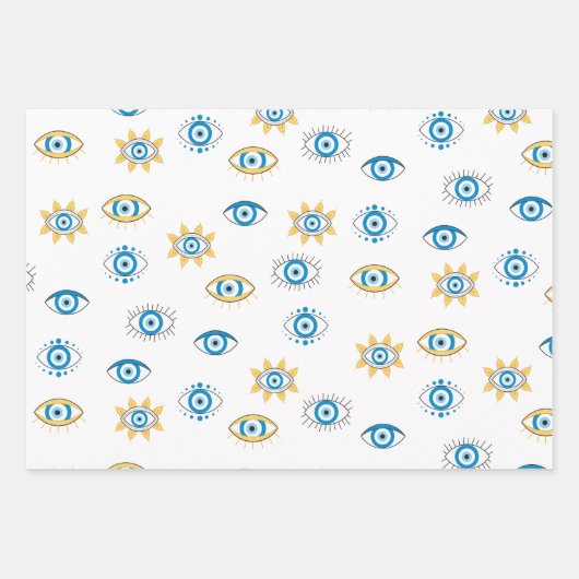 Blauw, Goud & Wit Grieks Oogmati Patroon Inpakpapier Vel (Voorkant 2)