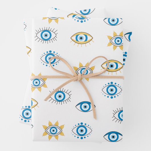 Blauw, Goud & Wit Grieks Oogmati Patroon Inpakpapier Vel (In situ)