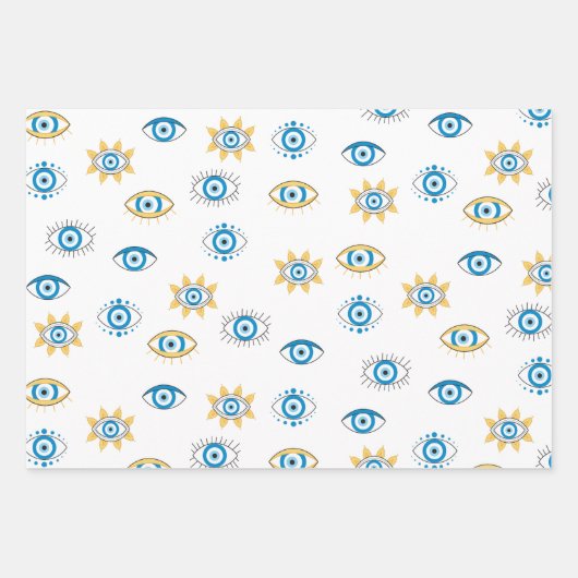 Blauw, Goud & Wit Grieks Oogmati Patroon Inpakpapier Vel (Voorkant)