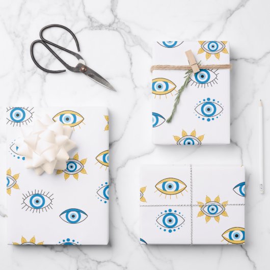 Blauw, Goud & Wit Grieks Oogmati Patroon Inpakpapier Vel (Voorkant)