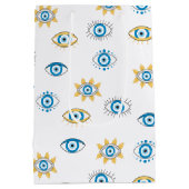 Blauw, Goud & Wit Grieks Oogmati Patroon Medium Cadeauzakje (Achterkant)