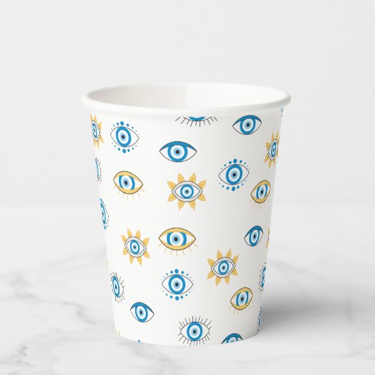 Blauw, Goud & Wit Grieks Oogmati Patroon Papieren Bekers (Links)