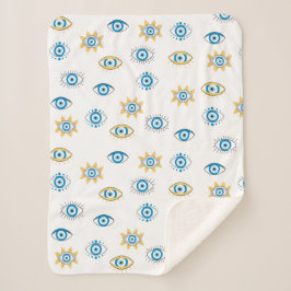 Blauw, Goud & Wit Grieks Oogmati Patroon Sherpa Deken