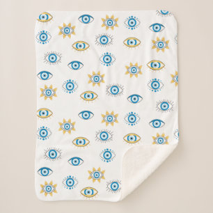 Blauw, Goud & Wit Grieks Oogmati Patroon Sherpa Deken