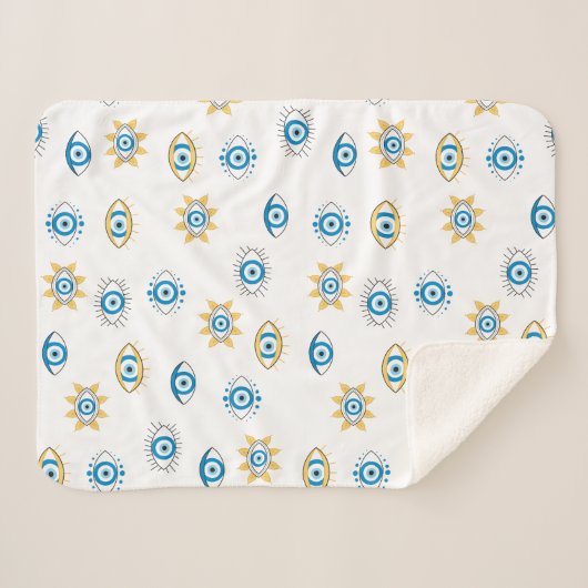 Blauw, Goud & Wit Grieks Oogmati Patroon Sherpa Deken (Voorkant (horizontaal))