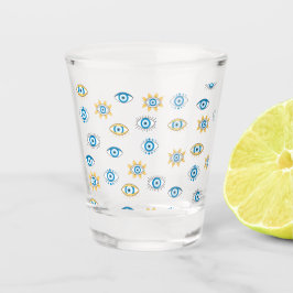 Blauw, Goud & Wit Grieks Oogmati Patroon Shot Glas