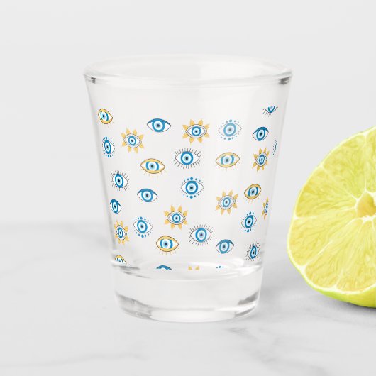 Blauw, Goud & Wit Grieks Oogmati Patroon Shot Glas (Voorkant)