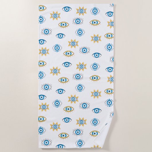 Blauw, Goud & Wit Grieks Oogmati Patroon Strandlaken (Voorkant)