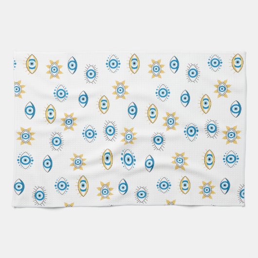 Blauw, Goud & Wit Grieks Oogmati Patroon Theedoek (Horizontaal)