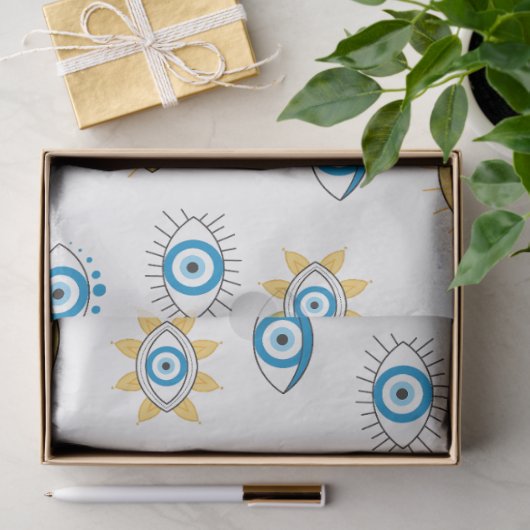 Blauw, Goud & Wit Grieks Oogmati Patroon Tissuepapier (Geschenk)