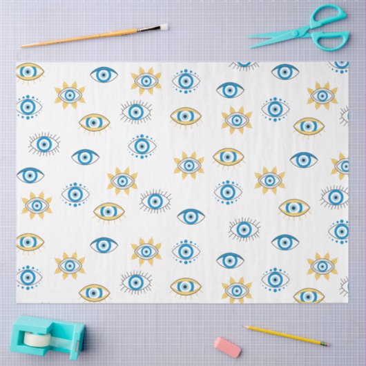 Blauw, Goud & Wit Grieks Oogmati Patroon Tissuepapier (Craft)