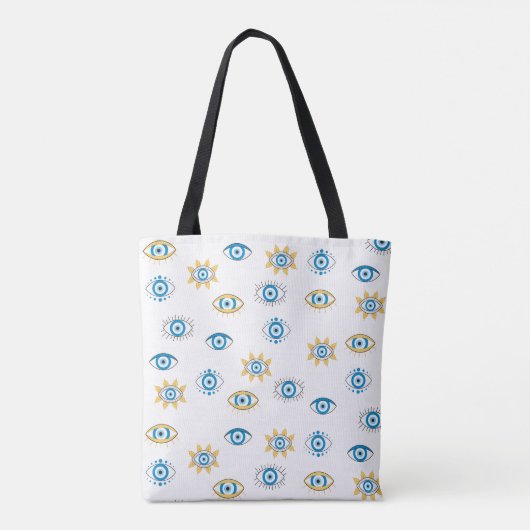 Blauw, Goud & Wit Grieks Oogmati Patroon Tote Bag (Achterkant)