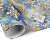 Blauw Goud Wit Kerstmis Sneeuwvlokken Cadeaupapier (Rol Hoek)