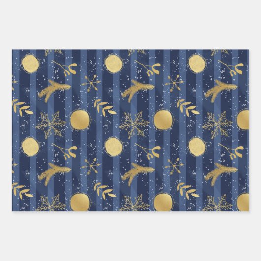 Blauw Goud Wit Kerstmis Vakantie Patroon Inpakpapier Vel (Voorkant)
