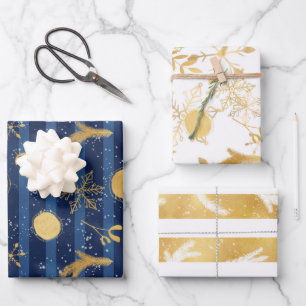 Blauw Goud Wit Kerstmis Vakantie Patroon Inpakpapier Vel