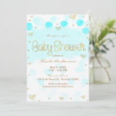 Blauw Goud Wit Polka Dots & Hearts Baby shower Kaart (Staand voorkant)