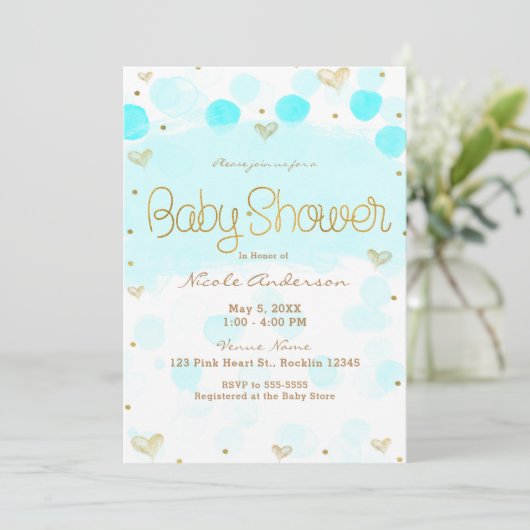 Blauw Goud Wit Polka Dots & Hearts Baby shower Kaart (Staand voorkant)