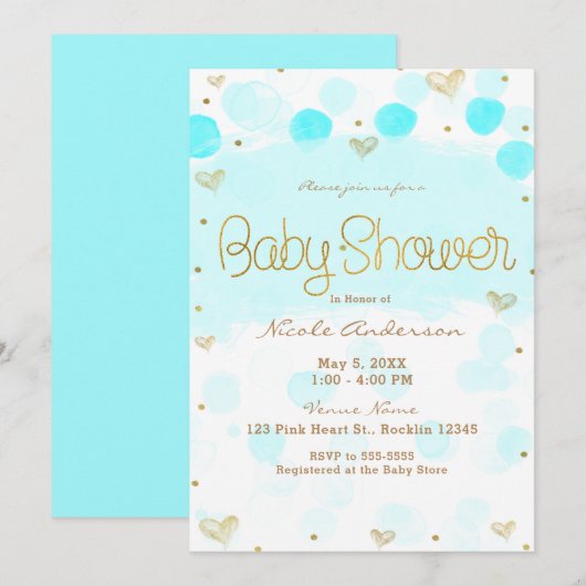 Blauw Goud Wit Polka Dots & Hearts Baby shower Kaart (Voorkant / Achterkant)