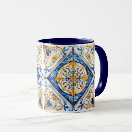 Blauw Goud & Wit Talavera Azulejo Tegel Kijk Mok (Voorkant rechts)