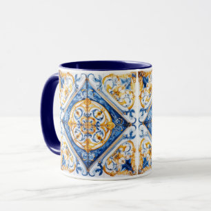 Blauw Goud & Wit Talavera Azulejo Tegel Kijk Mok