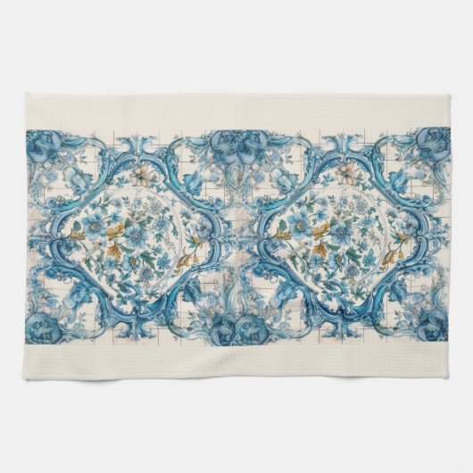 Blauw Goud & Wit Talavera Azulejo Tegel Look 3 Theedoek (Horizontaal)