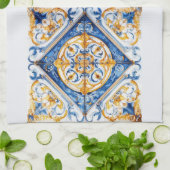 Blauw Goud & Wit Talavera Azulejo Tegel Look Theedoek (Gevouwen)