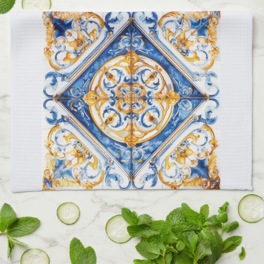 Blauw Goud & Wit Talavera Azulejo Tegel Look Theedoek (Gevouwen)