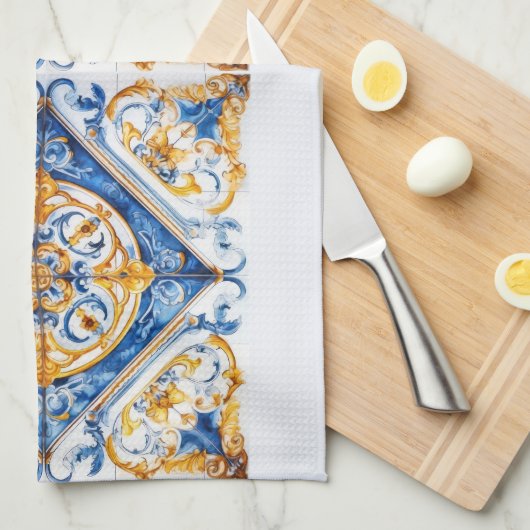 Blauw Goud & Wit Talavera Azulejo Tegel Look Theedoek (Quarter Fold)