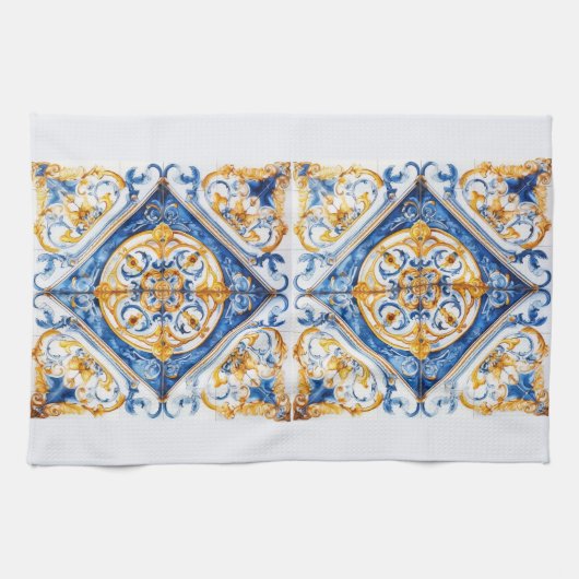 Blauw Goud & Wit Talavera Azulejo Tegel Look Theedoek (Horizontaal)