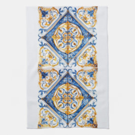 Blauw Goud & Wit Talavera Azulejo Tegel Look Theedoek