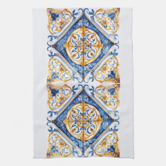 Blauw Goud & Wit Talavera Azulejo Tegel Look Theedoek (Verticaal)