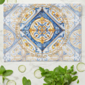 Blauw Goud & Wit Talavera Azulejo Tegel Look Theedoek (Gevouwen)