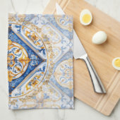 Blauw Goud & Wit Talavera Azulejo Tegel Look Theedoek (Quarter Fold)