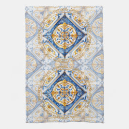 Blauw Goud & Wit Talavera Azulejo Tegel Look Theedoek