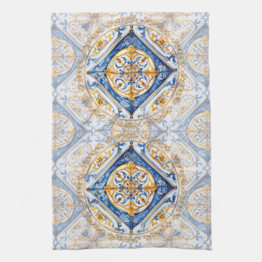 Blauw Goud & Wit Talavera Azulejo Tegel Look Theedoek (Verticaal)