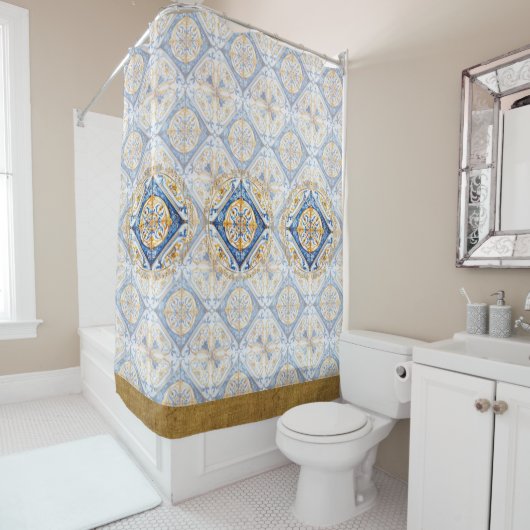 Blauw Goud Wit Vietri Talavera Azulejo lookTegel Douchegordijn (In situ)